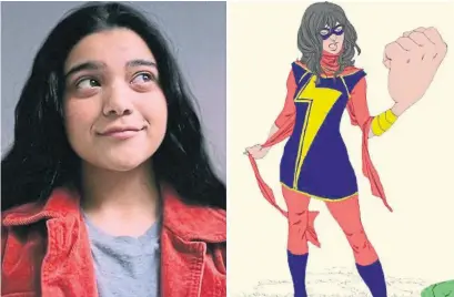  ?? TIFF/MARVEL ?? Iman Vellani, 18, will be playing Kamala Khan, a 16-year-old Pakistani-American living in New Jersey with the ability to extend her limbs, alter her appearance and shapeshift with the alias Ms. Marvel, seen on the right in 2014 Marvel Comics promotiona­l art.