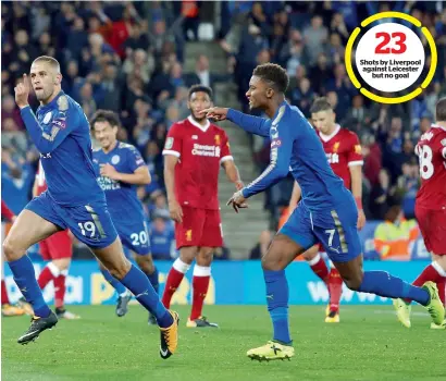  ?? Reuters ?? Leicester City’s Islam Slimani (19) celebrates his goal against Liverpool during the League Cup third round match. —