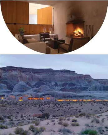  ??  ?? Left page: The Desert Lounge suite view; Guests horseback riding; Aman spa step pool. Above: The Aman Spa reception and view of the resort from the sand dunes