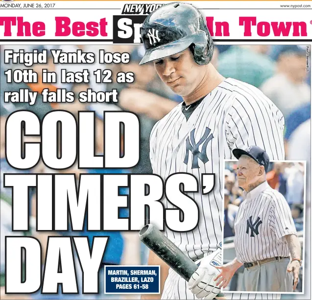  ??  ?? Gary Sanchez, who went 1-for-4 with a three-run homer in the fifth inning, reacts after striking out to end the Yankees’ 7-6 loss to the Rangers. The Bombers rallied from a 7-0 deficit in front of legends, like Whitey Ford (inset), on Old-Timers’ Day,...