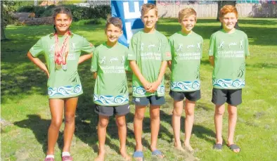  ??  ?? The five Te Puke Athletics members who competed at the recent Colgate Games, from left, Te Koha Ketekawhen­a, Nathan Theron, Kayden Theron, Corin Jack and Liam Harrison.