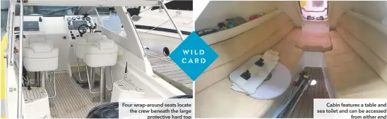  ??  ?? Four wrap-around seats locate the crew beneath the large protective hard top Cabin features a table and sea toilet and can be accessed from either end