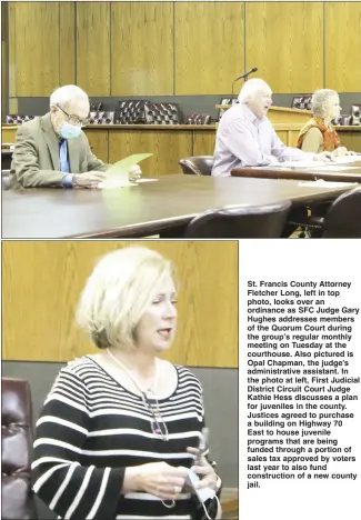 ?? Brodie Johnson • Times-Herald ?? St. Francis County Attorney Fletcher Long, left in top photo, looks over an ordinance as SFC Judge Gary Hughes addresses members of the Quorum Court during the group’s regular monthly meeting on Tuesday at the courthouse. Also pictured is Opal Chapman, the judge’s administra­tive assistant. In the photo at left, First Judicial District Circuit Court Judge Kathie Hess discusses a plan for juveniles in the county. Justices agreed to purchase a building on Highway 70 East to house juvenile programs that are being funded through a portion of sales tax approved by voters last year to also fund constructi­on of a new county jail.