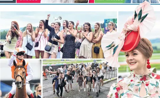  ?? PHOTOS: PETER MCINTOSH/STEPHEN JAQUIERY/GETTY IMAGES ?? And they’re off (clockwise from top left) . . . Supporters cheer on their favourites at the Fashions in the Field event at Wingatui; Fashions in the Field third placegette­r Simone Montgomery at Wingatui; University of Otago students (from left) Jennifer Gordon (20), Jade Zaia (19), Ben Anngow (22), Freya Farrant (21), Kaitlyn Mulholland (24), Laura Richter (22), Amber Parnell (20) Samuel Bingham (22), Buck Finucane (22) and Lucy King (22) make up for the absence of horses at Forbury Park yesterday; and Craig Williams celebrates after riding Vow And Declare to win the Melbourne Cup.