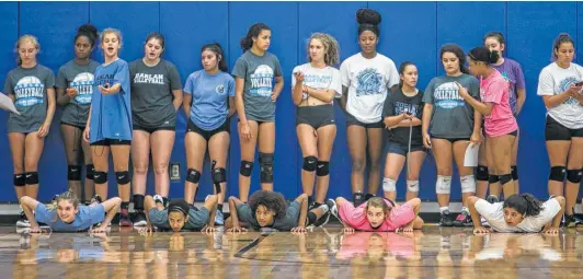  ??  ?? Hopeful Harlan High School volleyball players line up for a conditioni­ng drill. Harlan conducted only two days of tryouts to determine the lineups.