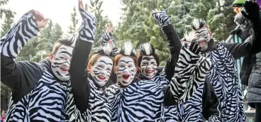  ??  ?? Tierisch: Ein Biathlon-Spektakel im Thüringer Wald ist auch immer ein großer Spaß. Für viele Besucher gehört das Verkleiden einfach dazu. Diese gut gelaunten Fans aus Lüneburg wählten den Zebra-Look.