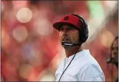  ?? RANDY VAZQUEZ — BAY AREA NEWS GROUP ?? San Francisco 49ers head coach Kyle Shanahan looks up at the big screen during a review against the Cardinals at Levi’s Stadium in Santa Clara on Nov. 17.