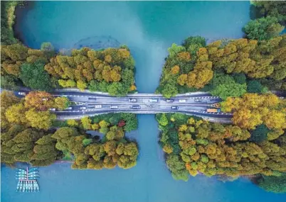  ?? XU YU / XINHUA ?? Early autumn shows its colours at West Lake in Hangzhou.