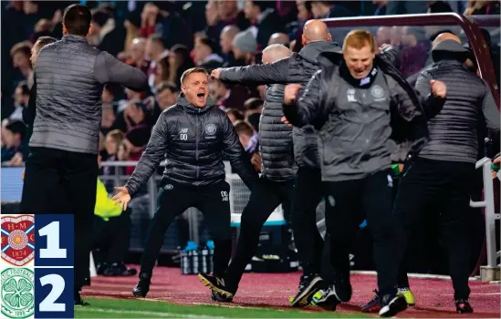  ??  ?? 1 2 New Celtic manager Neil Lennon (right) is overwhelme­d with emotion after Odsonne Edouard’s late winner on his return to the Parkhead dugout