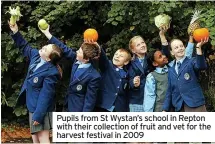  ??  ?? Pupils from St Wystan’s school in Repton with their collection of fruit and vet for the harvest festival in 2009