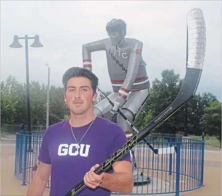  ?? BERND FRANKE THE ST. CATHARINES STANDARD ?? A dream of playing hockey profession­ally overseas is taking Brenden Bouvier, 19, of Niagara Falls to Grand Canyon University in Phoenix.