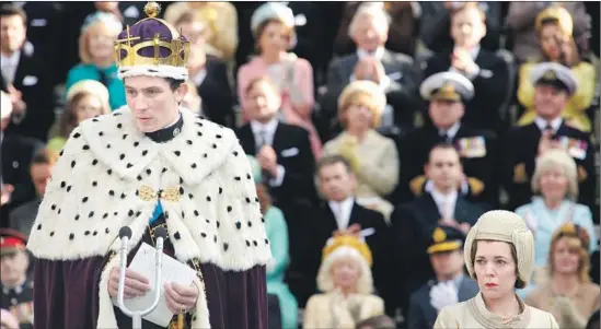  ?? DES WILLIE Netflix ?? PRINCE CHARLES, played by Josh O’Connor, is strictly taught by his mother, Queen Elizabeth II (Olivia Colman, seated at right), in Season 3 of “The Crown.”