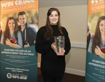  ??  ?? 2017 winner of The Pat Woods Scholarshi­p is former BIFE student, Lily Boyle from Bray.