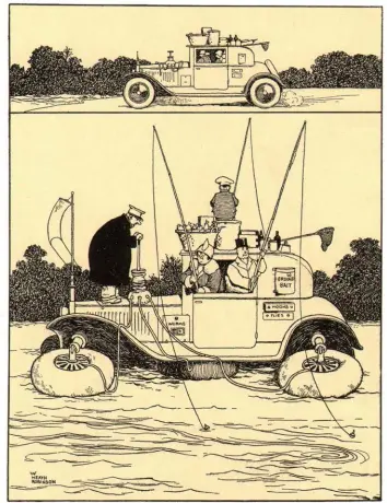  ??  ?? Water coupé: Car for the Convenienc­e of Anglers, by Heath Robinson, 1935