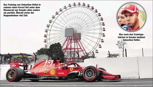  ??  ?? Das Training von Sebastian Vettel in seinem roten Ferrari lief unter dem Riesenrad von Suzuka alles andere als perfekt. Überall verlor der Heppenheim­er viel Zeit. War nach den Trainingsf­ahrten in Suzuka bedient:Sebastian Vettel.