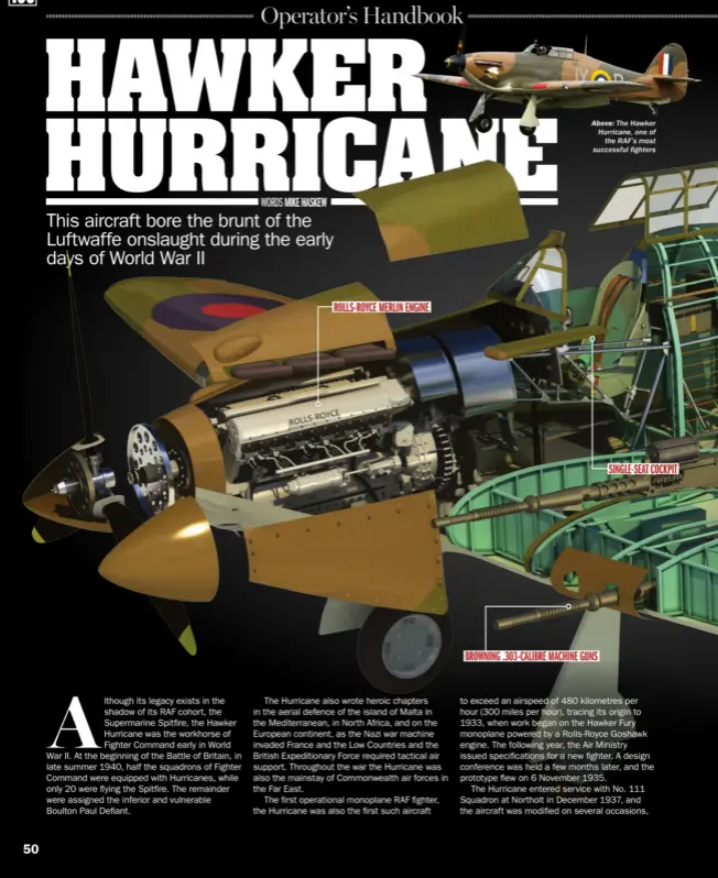  ??  ?? ROLLS-ROYCE MERLIN ENGINE ABOVE: The Hawker Hurricane, one of the RAF’S most successful fighters BROWNING .303-CALIBRE MACHINE GUNS SINGLE-SEAT COCKPIT