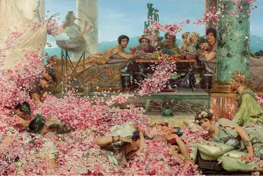  ??  ?? La tela «Le rose di Eliogabalo»: il dipinto ispirato all’imperatore romano (218-222) è stato realizzato nel 1888 dal pittore anglo-olandese Lawrence Alma-tadema