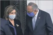  ?? ALEX BRANDON — THE ASSOCIATED PRESS ?? Speaker of the House Nancy Pelosi and Senate Majority Leader Chuck Schumer of New York speak at the top of the steps of the U.S. Capitol.