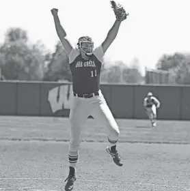  ?? SENTINEL MARK STEWART / MILWAUKEE JOURNAL ?? Oak Creek's Riley Grudzielan­ek celebrates after striking the final batter in the Knights' 4-2 victory over Sussex Hamilton in a WIAA Division 1 quarterfinal Thursday at Goodman Diamond in Madison.