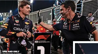  ?? ?? ONE AND ONLY Verstappen is hailed by member of team and (below) with Ferrari foe Leclerc