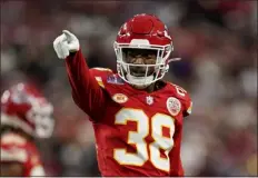  ?? STEVE LUCIANO — THE ASSOCIATED PRESS ?? Kansas City Chiefs cornerback L’jarius Sneed (38) celebrates after a play against the San Francisco 49ers during the first half of the NFL Super Bowl 58football game Sunday, Feb. 11, 2024, in Las Vegas.