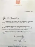  ?? ?? The Queen’s assistant private secretary turned down the award in a letter