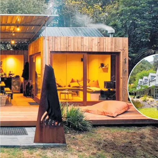  ?? ?? Be close to nature at Taupo¯ 's Puketui Forest Escape; inset, Maruia River Retreat; below, On The Track Lodge, which is halfway along the two-day Nydia Track; Soak away your troubles at Franz Josef Rainforest Retreat. Photos / Supplied