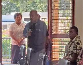  ?? Salote Qalubau ?? Jolame Nailaruwai (middle) during the public consultati­ons for the review of the Great Council of Chiefs (GCC)at the Sugar Cane Growers Hall on May 3, 2023. Photo:
