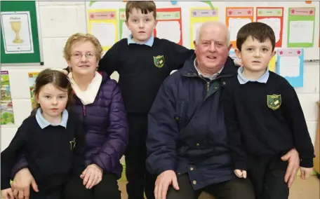  ??  ?? Evan Biggane, Megan Field and Deon Field pictured with their Grandad Tom Biggane and Nan Julia Biggane during Grandparen­ts Day at Meelin NS.