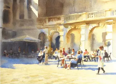  ??  ?? Light and Shade, Cafe at the RA, watercolou­r, 11 x 15" (28 x 38 cm)
“Less is more” is my motto and light and shade are my principal concern. Sunlit cafe scenes are complex, as is historic architectu­re, but the magic of watercolou­r is that you can convey complexity by suggestion. The background here was created in one seamless wash, guided by a pencil sketch, in which I painted only the main tonal elements of the arches and columns. Likewise with the figures I looked only for the patterns of light and shade. The woman in white with crossed legs seated at the foremost table epitomizes how little one need “say” in watercolou­r yet “say” so much.