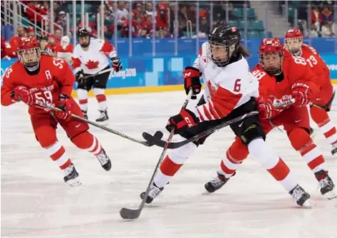  ??  ?? Rebecca Johnston of Sudbury, Ont., scored to help Team Canada to beat the Olympic Athletes from Russia 5-0 in a semifinal match at Gangneung Hockey Centre on Monday. Bruce Bennett/Getty Images