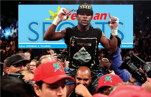  ?? AGENCE FRANCE PRESSE ?? Boxer Floyd Mayweather Jr. of US celebrates his majority decision victory over Canelo Alvarez, Mexico, during their WBC/WBA 154-pound title fight the MGM Grand Garden Arena in Las Vegas, Nevada.