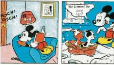  ??  ?? Ja, wer klopft denn da? Szene aus dem ersten in Deutschlan­d veröffentl­ichten MickyMaus-Comic „Der sprechende Hund“von 1951.