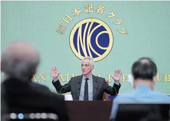  ?? EUGENE HOSHIKO THE ASSOCIATED PRESS ?? U.S. Ambassador to Japan Rahm Emanuel speaks during a news conference in Tokyo. Emanuel said the Chinese balloon’s intrusion was not an isolated incident, but part of a pattern of behaviour and actions.