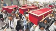  ??  ?? People carry coffins of victims of a Saudi-led airstrike, during their funeral in Sanaa on Friday. REUTERS PHOTO