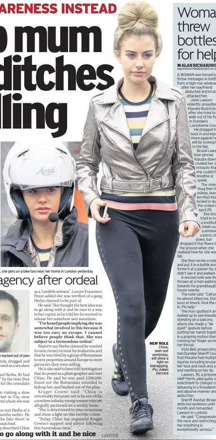  ??  ?? Chloe shows off her assets in an old photo, left, and, right, she gets on a bike taxi near her home in London yesterday NEW ROLE Chloe, seen out yesterday, will shine a light on kidnapping. Pic: Adam Gerrard