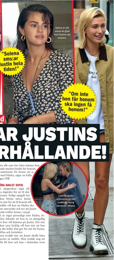  ??  ?? Selena är allt annat än glad över Justins nya relation. I juni fångades stjärnorna på bild under en mysig semester i Miami.
