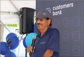  ?? COURTESY CUSTOMERS BANK ?? Jay Sidhu, executive chairman of Customers Bank, addresses employees and guests at the June 15opening of the company’s new Chester County headquarte­rs.
