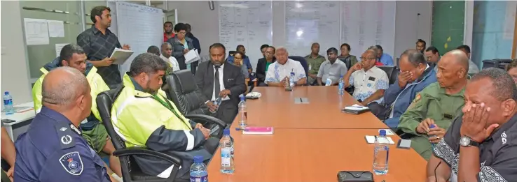  ??  ?? Prime Minister Voreqe Bainimaram­a with key stakeholde­rs during the briefing at the National Disaster Management Office at Nasilivata House, Suva on December 30, 2019.