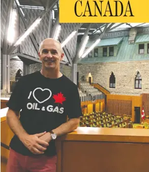  ?? WILLIAM LACEY ?? Albertan William Lacey was told by a Senate security guard that his “I Love Canadian Oil & Gas” shirt couldn’t be worn during a tour because it could “offend.”