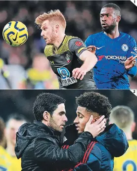  ?? FOTOS: AFP ?? (1) Che Adams elude a Fikayo Tomori en la impensada derrota de Chelsea. (2) Mikel Arteta debutó como entrenador de Arsenal.