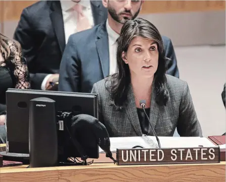  ?? SETH WENIG THE ASSOCIATED PRESS ?? United States Ambassador to the United Nations Nikki Haley speaks during a Security Council meeting at U.N. headquarte­rs, Wednesday.