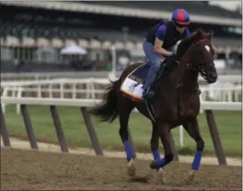  ?? JULIE JACOBSON — ASSOCIATED PRESS ?? Belmont Stakes hopeful Irish War Cry gallops around the track with assistant trainer Alice Chapman during a workout June 9 in Elmont, N.Y.