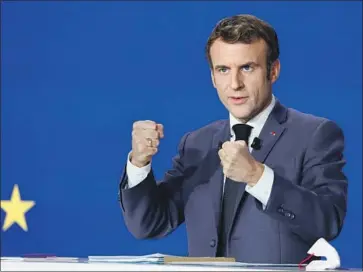  ?? Ludovic Marin Pool Photo ?? “MANY WOULD like to rely only on one nation. Nations are our strength, our pride, but European unity is their indispensa­ble complement,” Emmanuel Macron, France’s proudly pro-EU president, said Thursday.