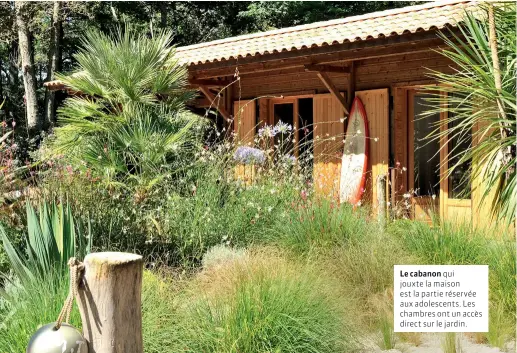  ??  ?? Le cabanon qui jouxte la maison est la partie réservée aux adolescent­s. Les chambres ont un accès direct sur le jardin.