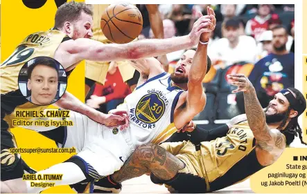  ?? / AP ?? ■ INILUGAY: Natumba si Golden State guard Stephen Curry (No. 30) sa paginiluga­y og bola nila Gary Trent Jr. (No. 33) ug Jakob Poeltl (No. 19) sa Toronto Raptors.