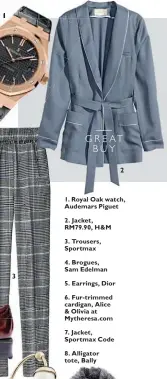  ??  ?? 1. Royal Oak watch, Audemars Piguet 3. Trousers, Sportmax
5. Earrings, Dior 7. Jacket, Sportmax Code