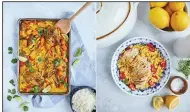  ?? (Simon & Schuster via AP/Kristen Kilpatrick) ?? Curried Chicken Sheet Pan Dinner (left) and Herb-Crusted Roasted Chicken With Lemon-Garlic Orzo