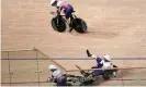  ?? Photograph: Christophe Ena/AP ?? GB’s Laura Kenny watches as her fellow team pursuit riders crash.