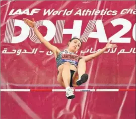  ??  ?? Neutral athlete Mariya Lasitskene of Russia in action during the women’s high jump final at the IAAF World Athletics Championsh­ips in Doha on Monday. REUTERS